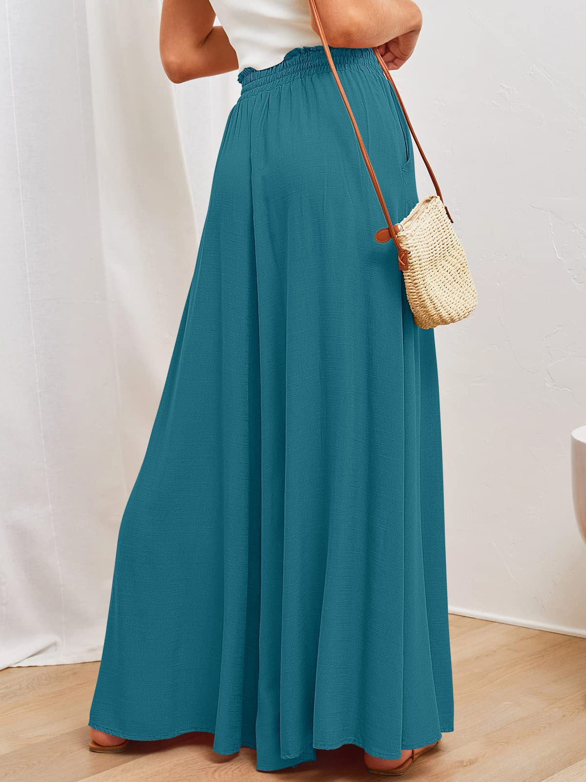 Drawstring Smocked Waist Wide Leg Palazzo Pants - Blue - 2
