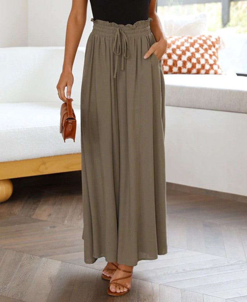 Drawstring Smocked Waist Wide Leg Palazzo Pants - Brown - 1
