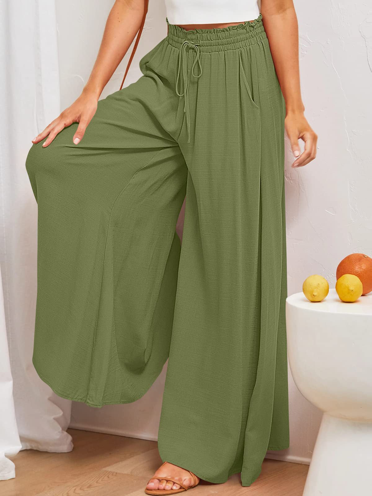 Drawstring Smocked Waist Wide Leg Palazzo Pants - DarkGreen