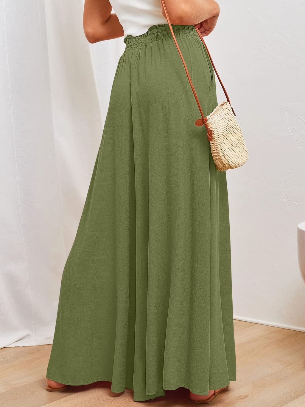 Drawstring Smocked Waist Wide Leg Palazzo Pants - DarkGreen - 1