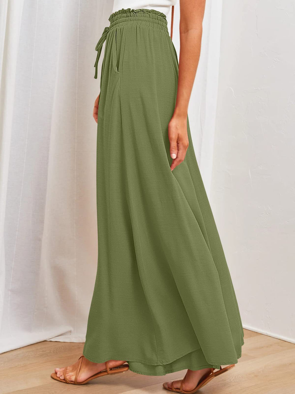 Drawstring Smocked Waist Wide Leg Palazzo Pants - DarkGreen - 2