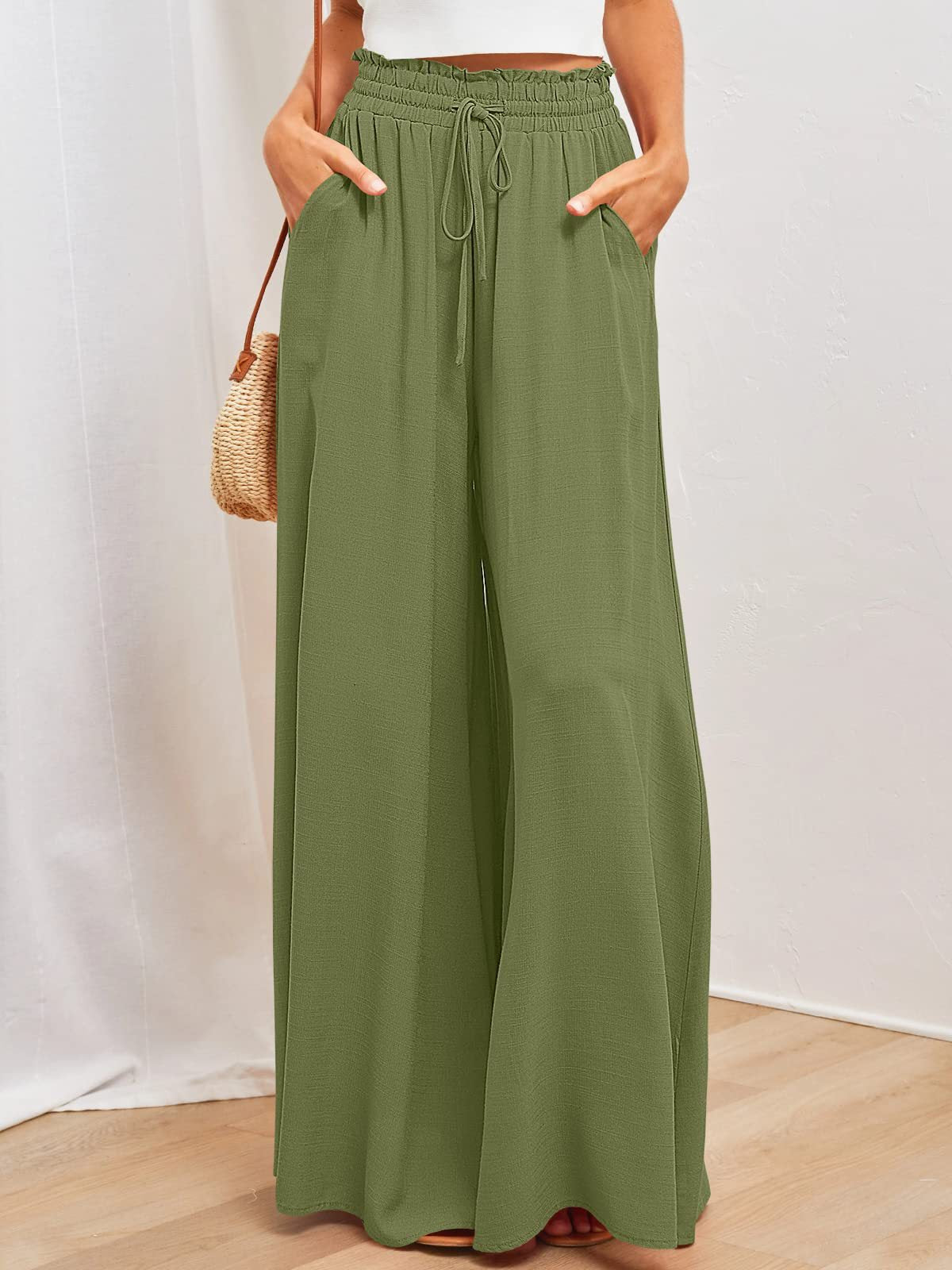 Drawstring Smocked Waist Wide Leg Palazzo Pants - DarkGreen - 3