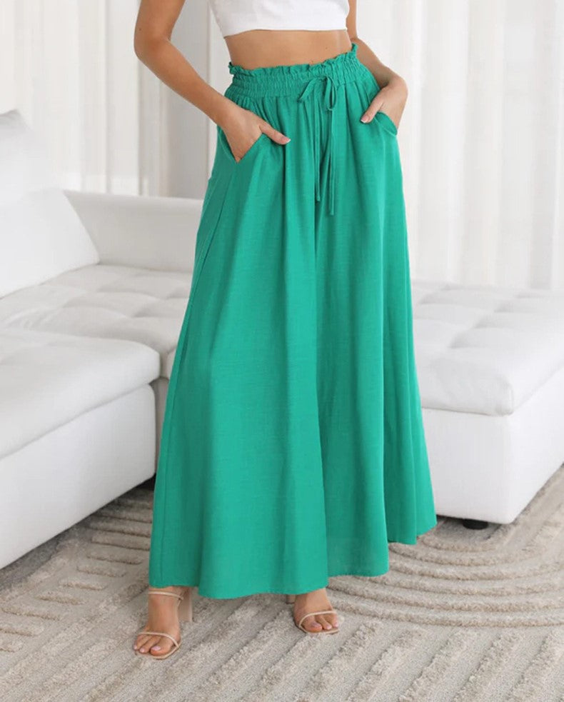 Drawstring Smocked Waist Wide Leg Palazzo Pants - Green