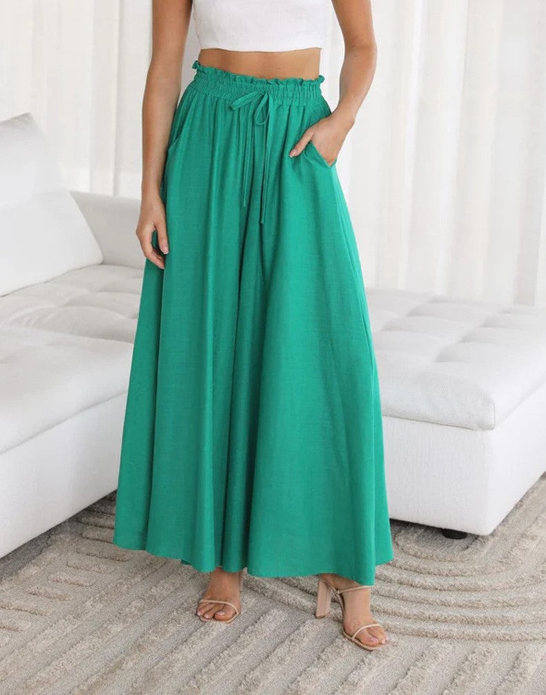 Drawstring Smocked Waist Wide Leg Palazzo Pants - Green - 2