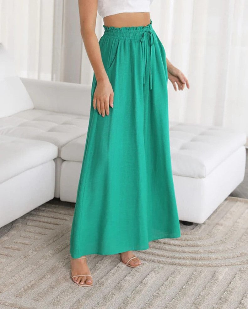 Drawstring Smocked Waist Wide Leg Palazzo Pants - Green - 3
