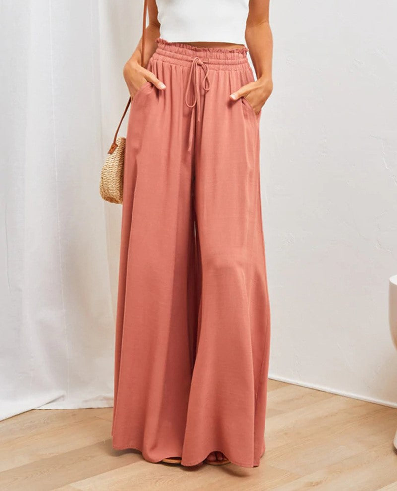 Drawstring Smocked Waist Wide Leg Palazzo Pants - Orange