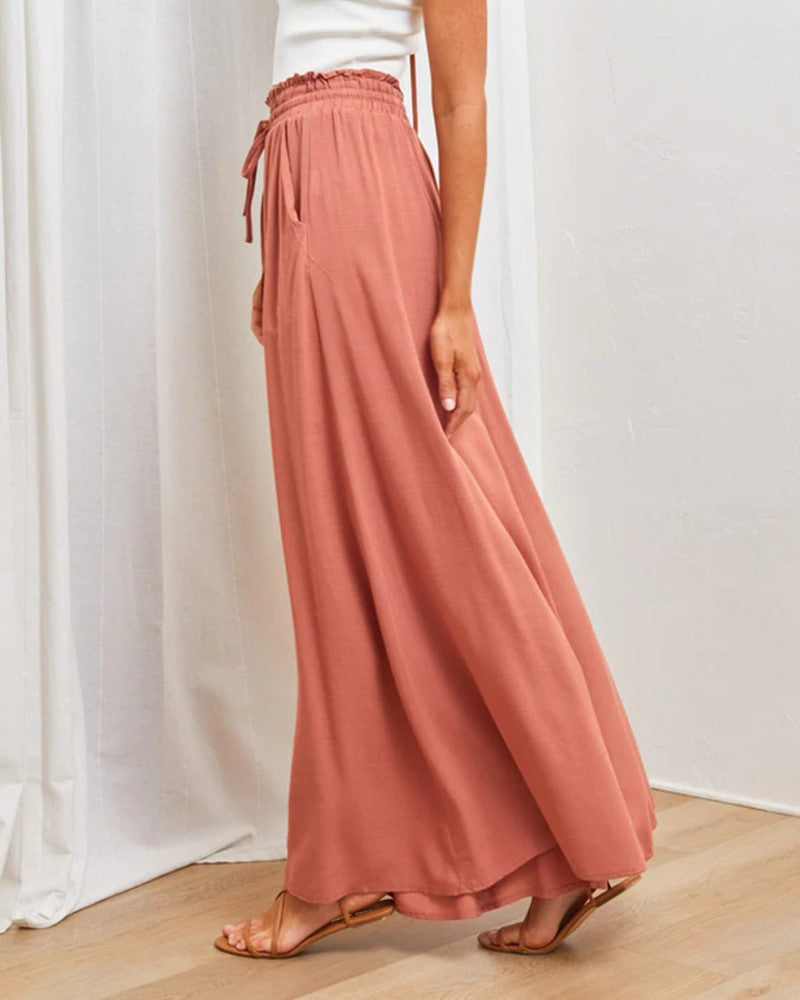 Drawstring Smocked Waist Wide Leg Palazzo Pants - Orange - 1