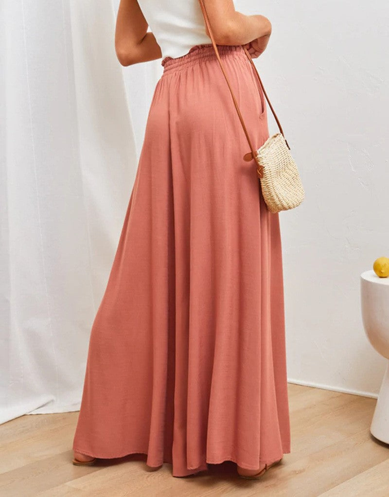 Drawstring Smocked Waist Wide Leg Palazzo Pants - Orange - 2