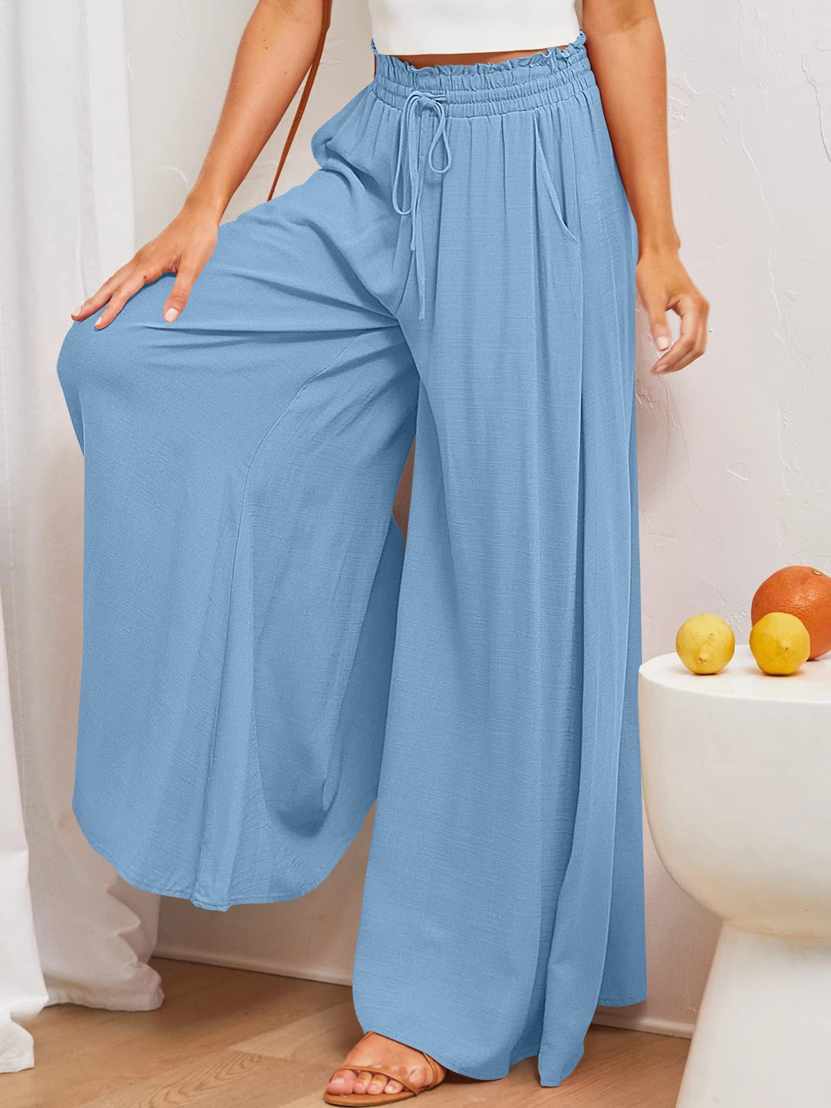 Drawstring Smocked Waist Wide Leg Palazzo Pants - SkyBlue