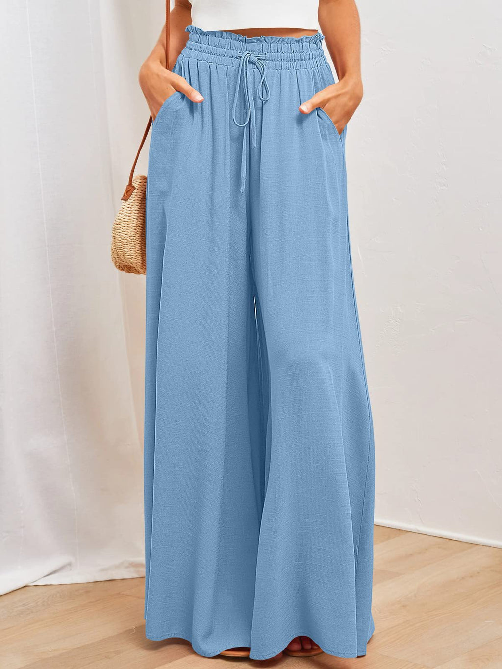 Drawstring Smocked Waist Wide Leg Palazzo Pants - SkyBlue - 1