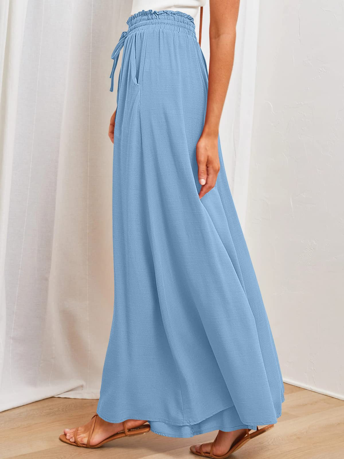 Drawstring Smocked Waist Wide Leg Palazzo Pants - SkyBlue - 2