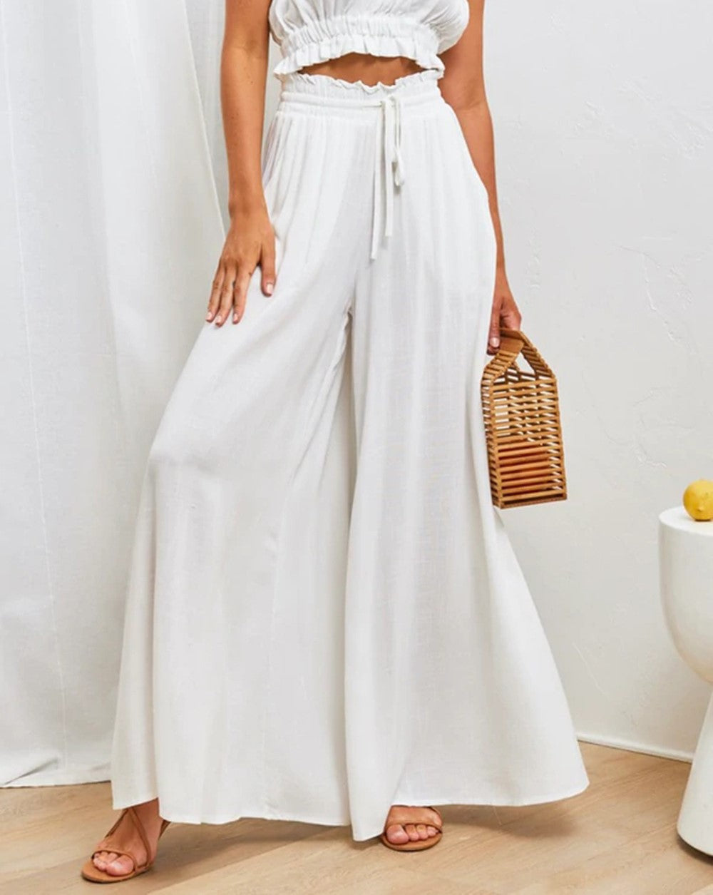 Drawstring Smocked Waist Wide Leg Palazzo Pants - White - 1