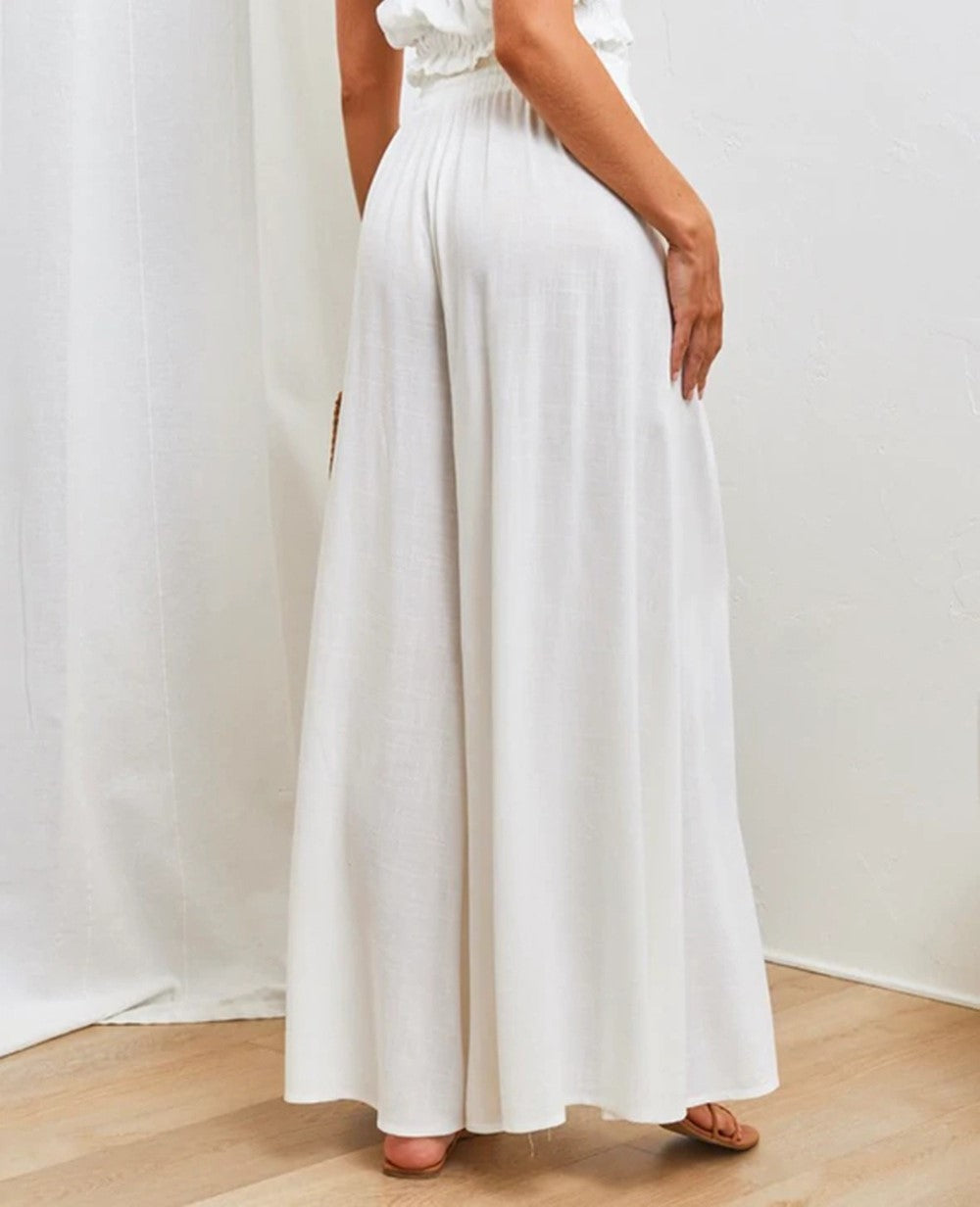 Drawstring Smocked Waist Wide Leg Palazzo Pants - White - 3