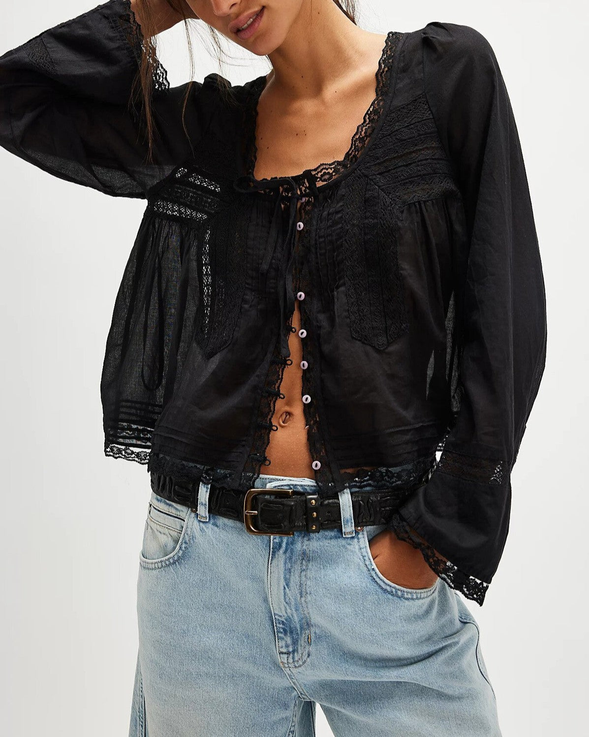 Lace Trim Scoop Neck Boho Shirt - Black