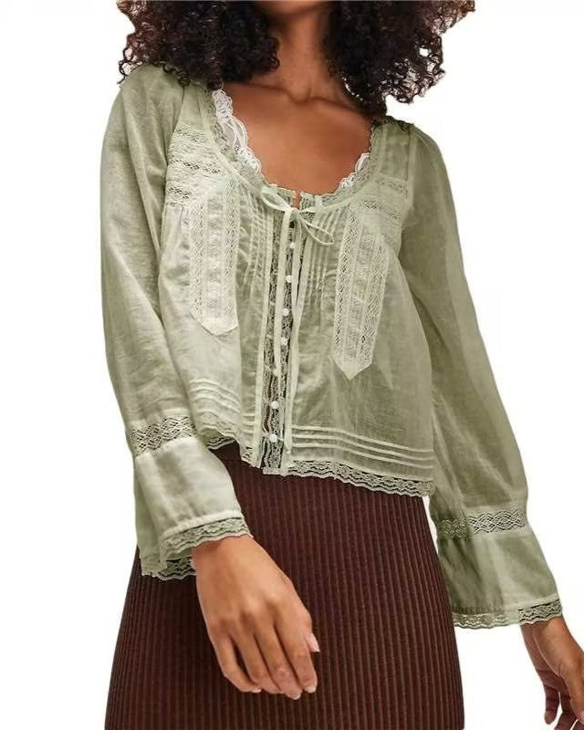 Lace Trim Scoop Neck Boho Shirt - Deep-Khaki