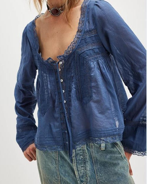 Lace Trim Scoop Neck Boho Shirt - Navy-Blue