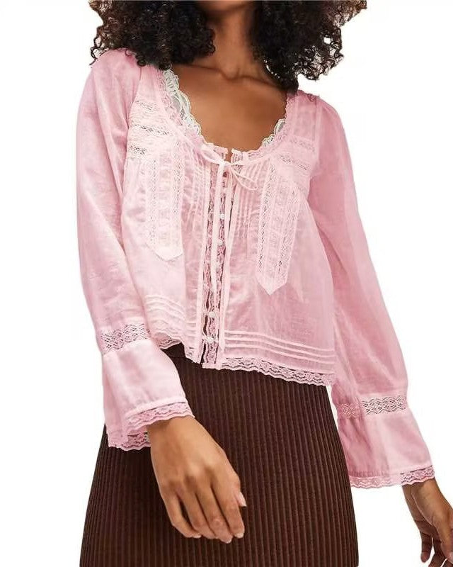 Lace Trim Scoop Neck Boho Shirt - Pink