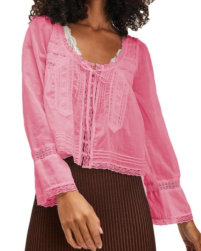 Lace Trim Scoop Neck Boho Shirt - Red