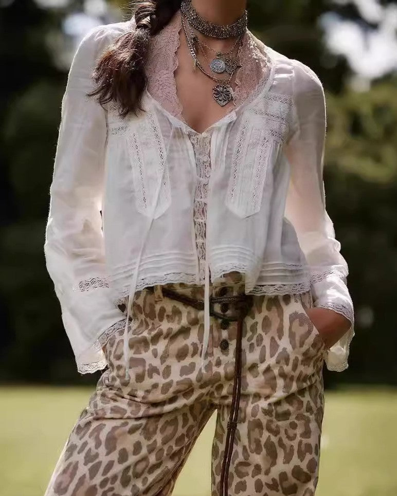 Lace Trim Scoop Neck Boho Shirt - White - 1