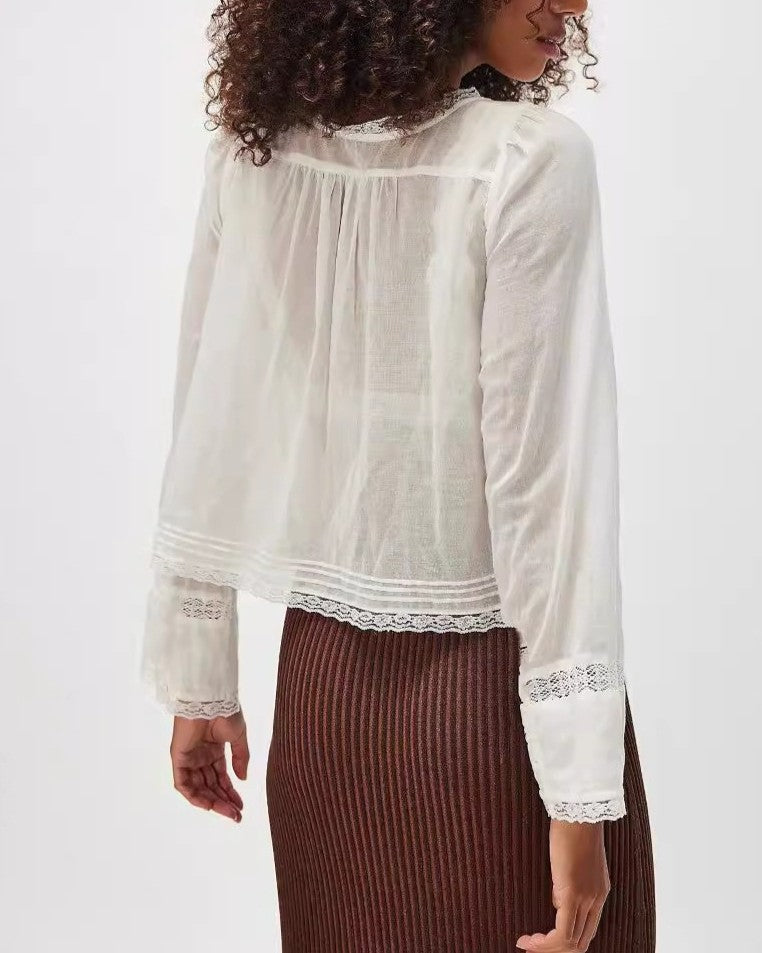 Lace Trim Scoop Neck Boho Shirt - White - 2