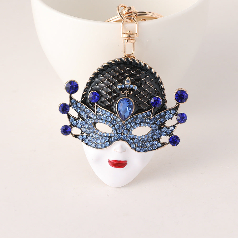 Masquerade Mask Rhinestone Bag Charm Keychain - Blue