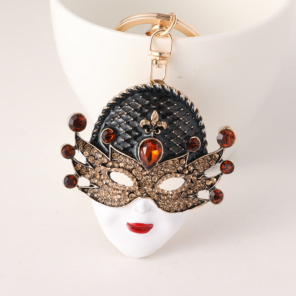 Masquerade Mask Rhinestone Bag Charm Keychain - Coffee