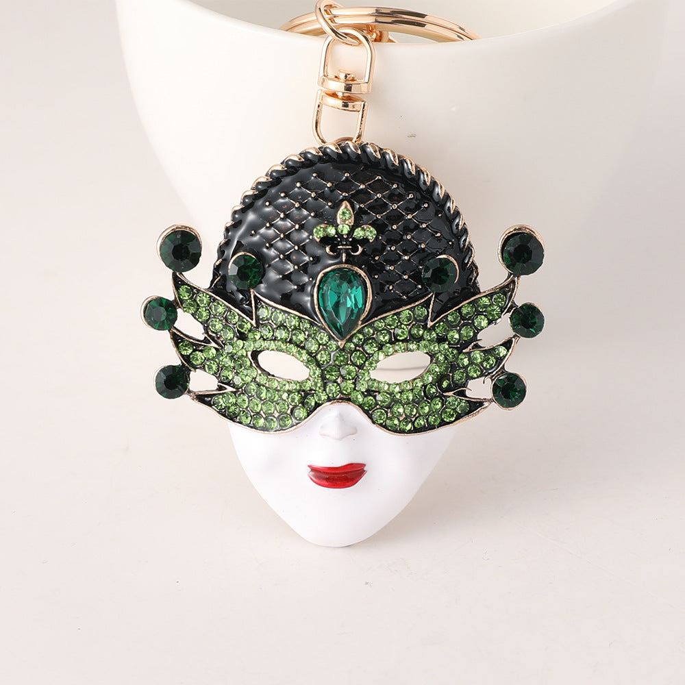 Masquerade Mask Rhinestone Bag Charm Keychain - Green