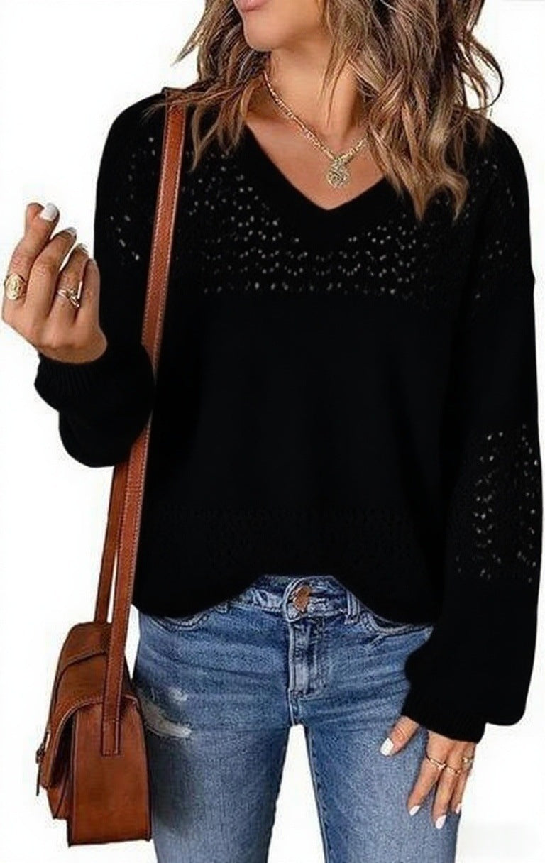 Pointelle V Neck Loose Knit Sweater - Black