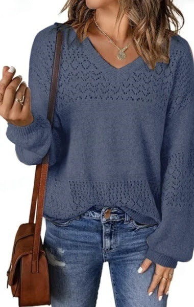 Pointelle V Neck Loose Knit Sweater - DarkBlue