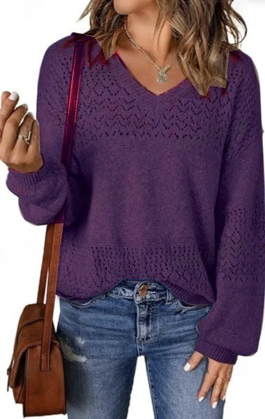 Pointelle V Neck Loose Knit Sweater - Purple