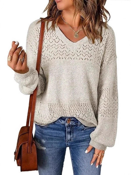 Pointelle V Neck Loose Knit Sweater - White