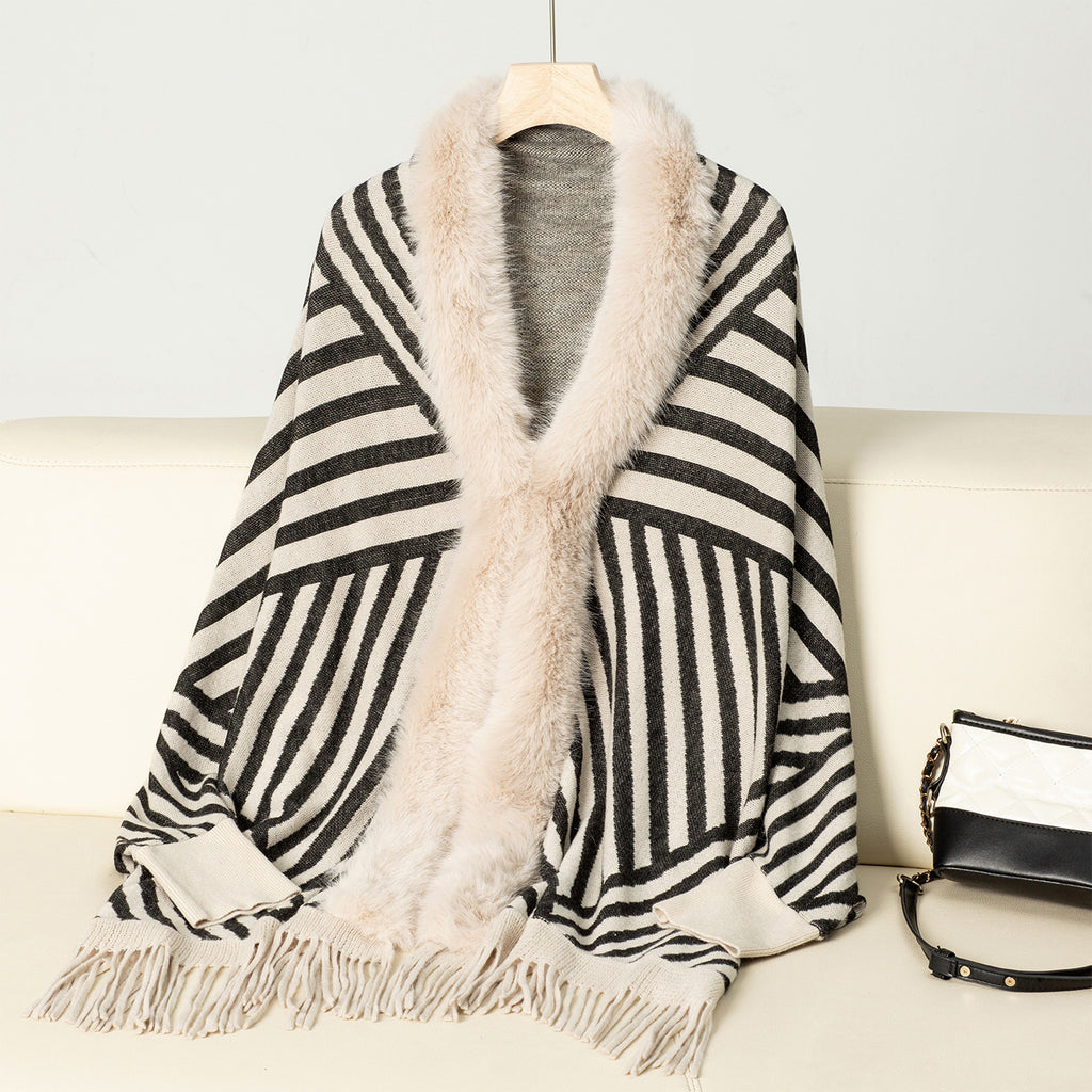 Faux Fur Collar Striped Fringed Poncho Cape - Apricot
