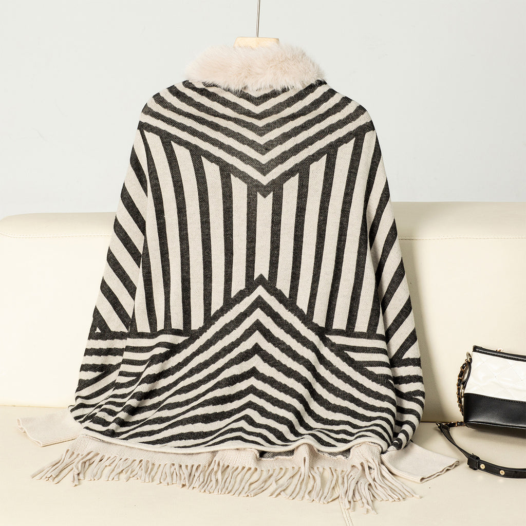 Faux Fur Collar Striped Fringed Poncho Cape - Apricot - 1