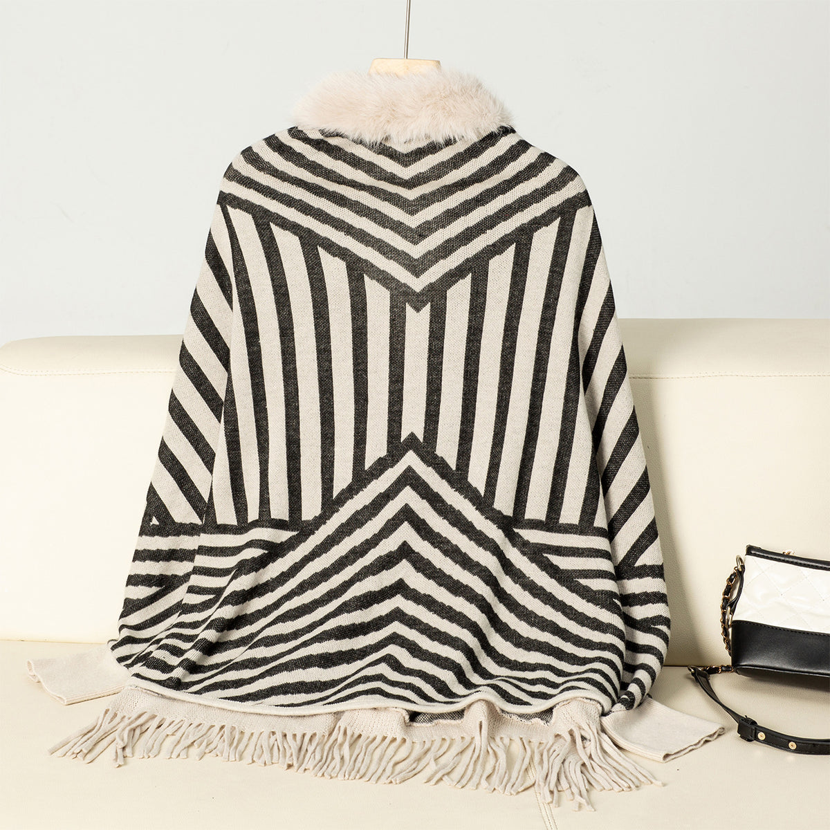 Faux Fur Collar Striped Fringed Poncho Cape - Apricot - 1