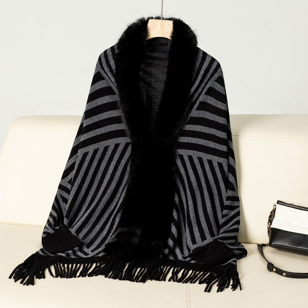 Faux Fur Collar Striped Fringed Poncho Cape - Black