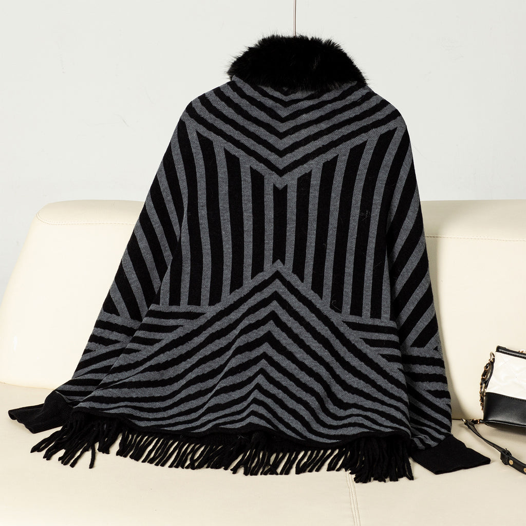 Faux Fur Collar Striped Fringed Poncho Cape - Black - 1
