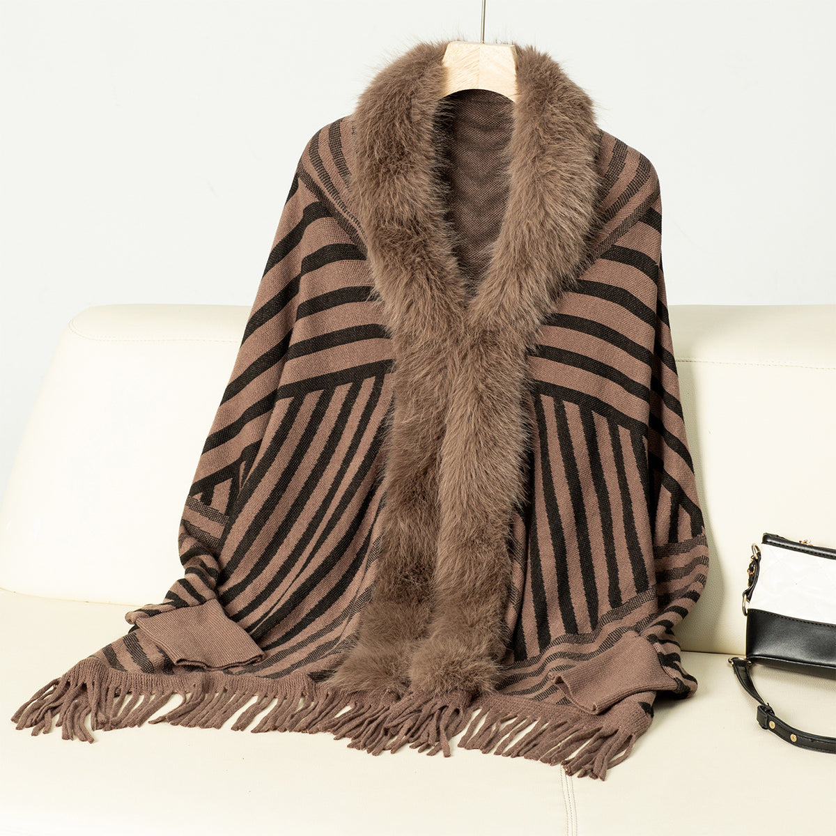 Faux Fur Collar Striped Fringed Poncho Cape - Coffee