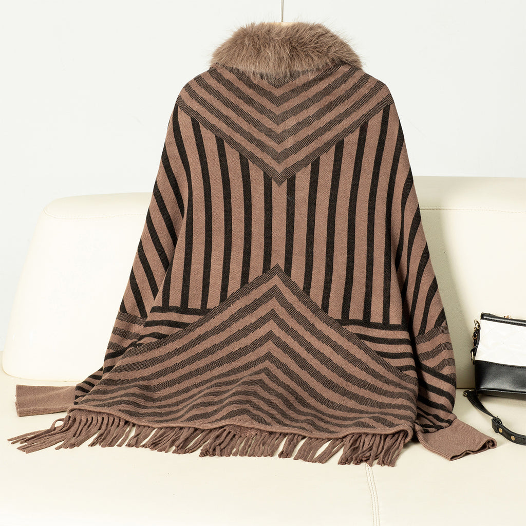 Faux Fur Collar Striped Fringed Poncho Cape - Coffee - 1