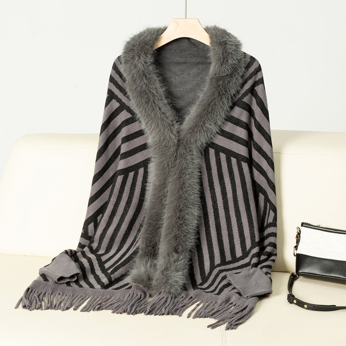 Faux Fur Collar Striped Fringed Poncho Cape - Grey