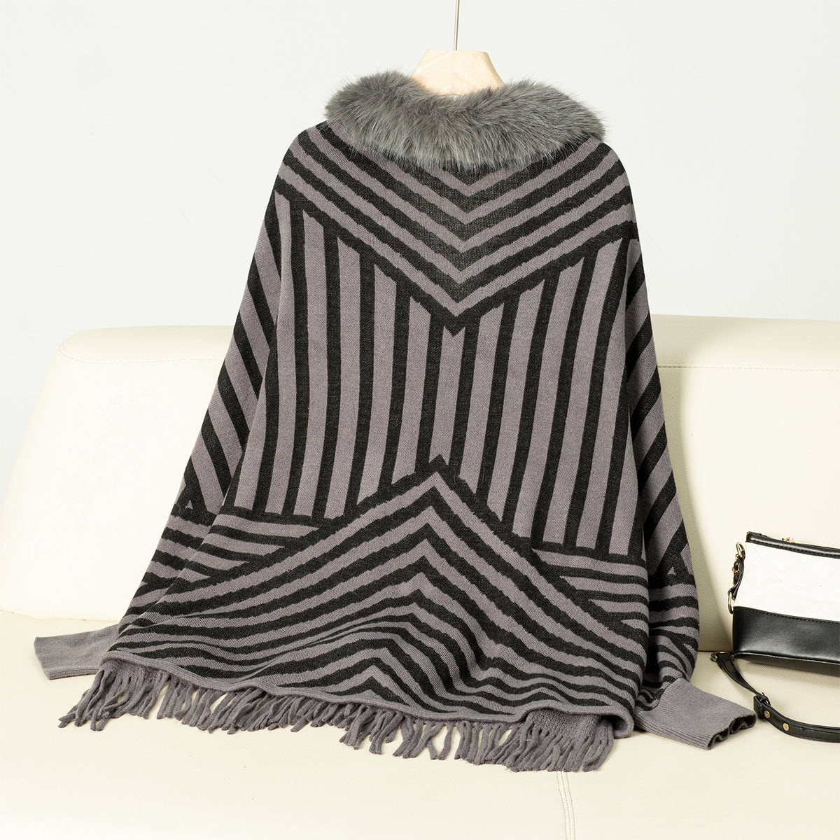 Faux Fur Collar Striped Fringed Poncho Cape - Grey - 1