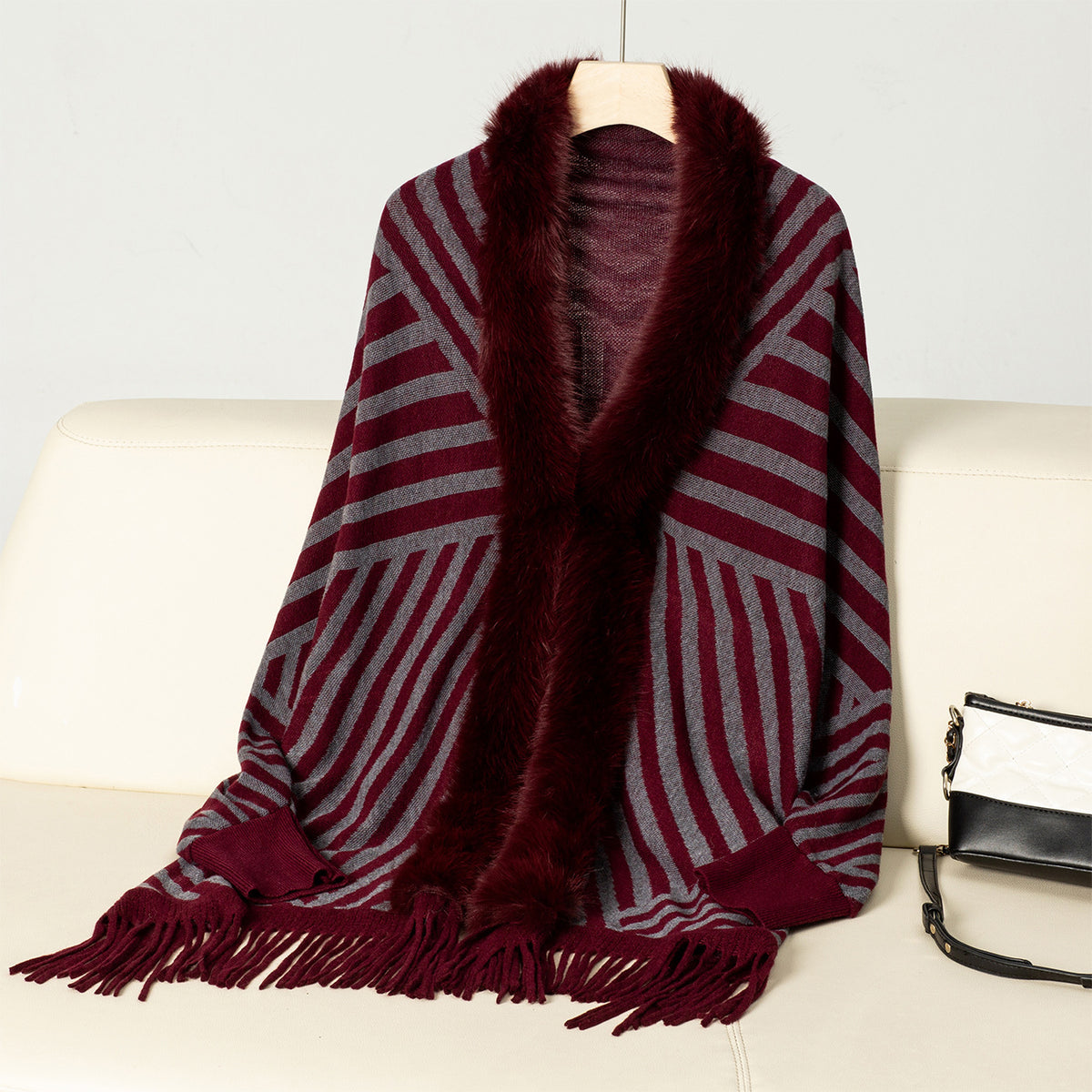 Faux Fur Collar Striped Fringed Poncho Cape - Winered