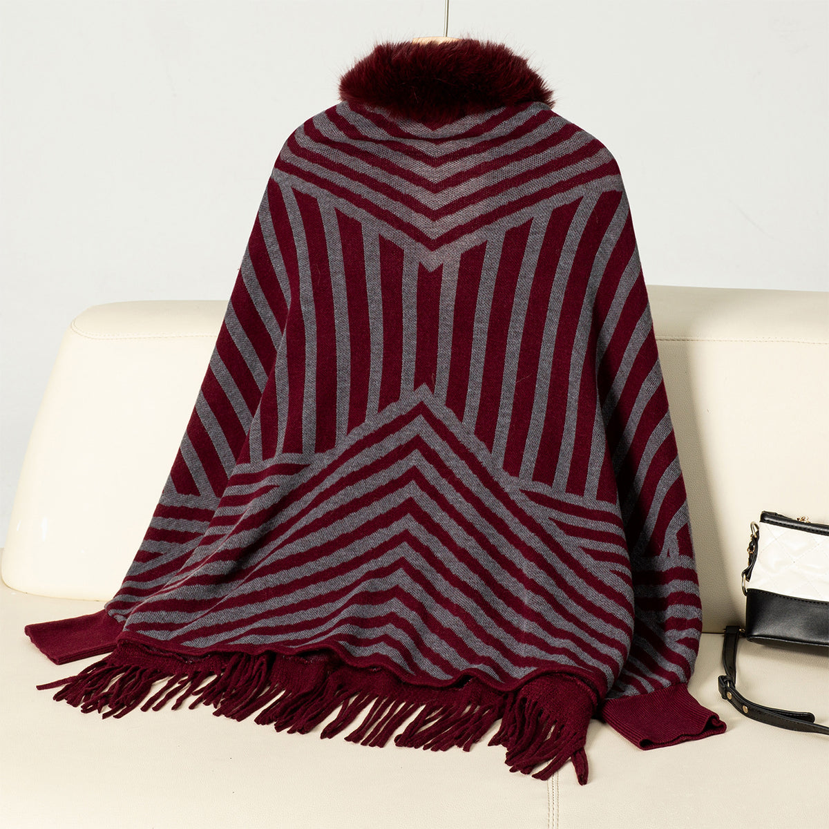 Faux Fur Collar Striped Fringed Poncho Cape - Winered - 1