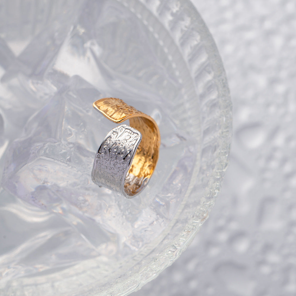 Two Tone Hammered Wide Open Ring - Gold