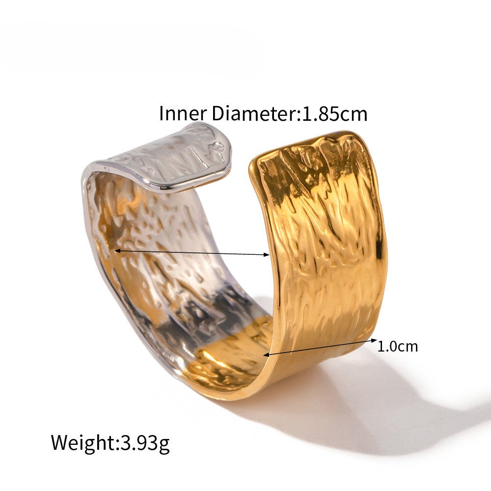 Two Tone Hammered Wide Open Ring - Gold - 1