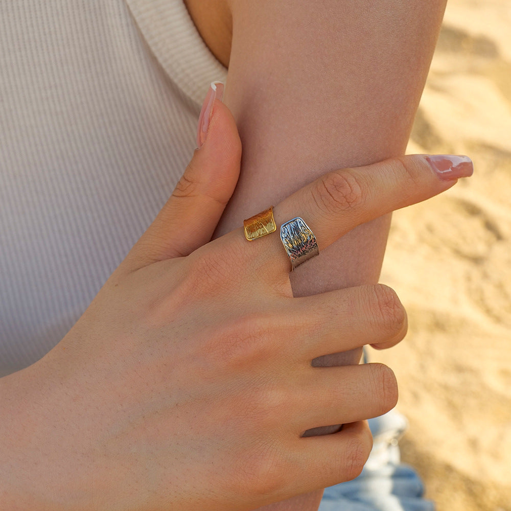 Two Tone Hammered Wide Open Ring - Gold - 2