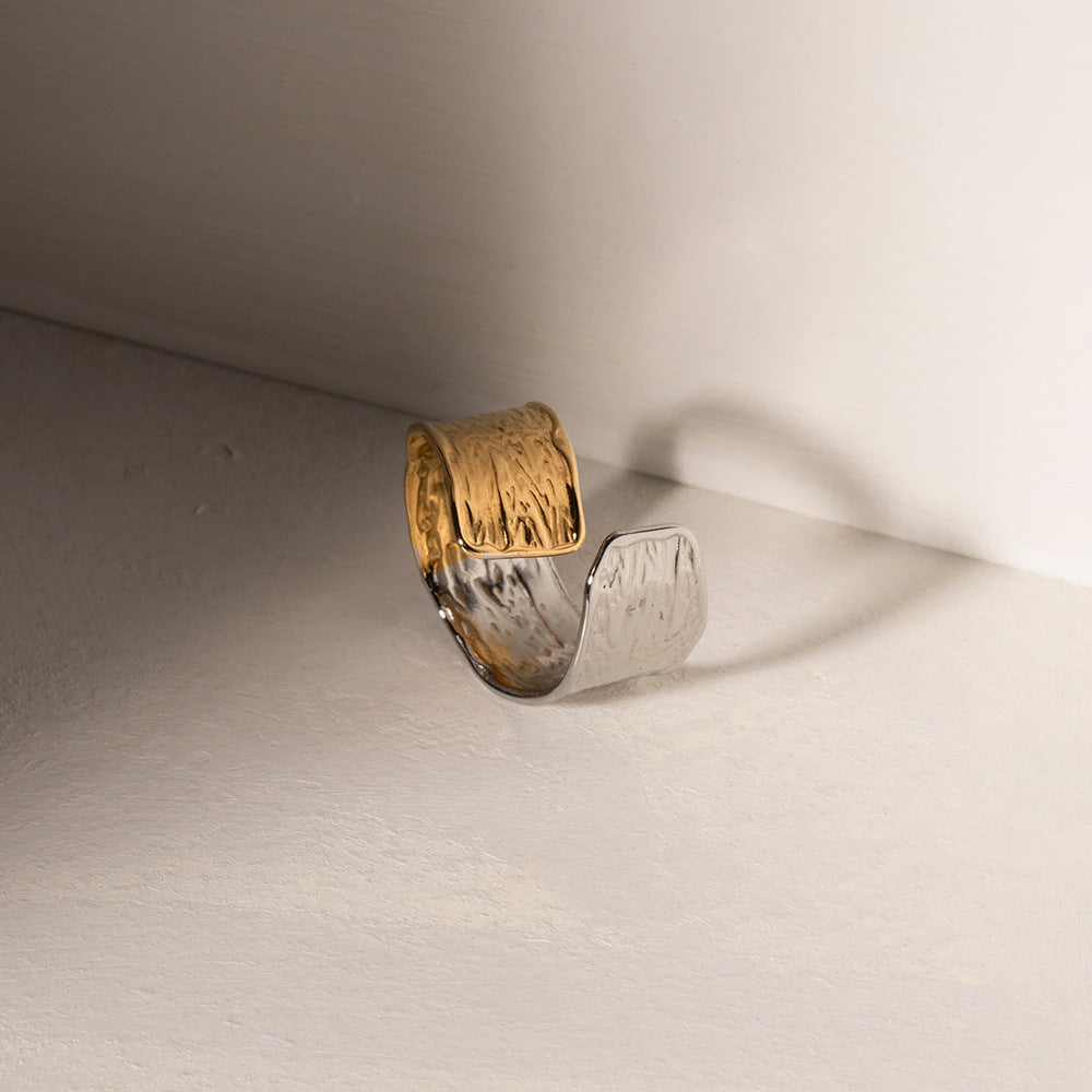 Two Tone Hammered Wide Open Ring - Gold - 3