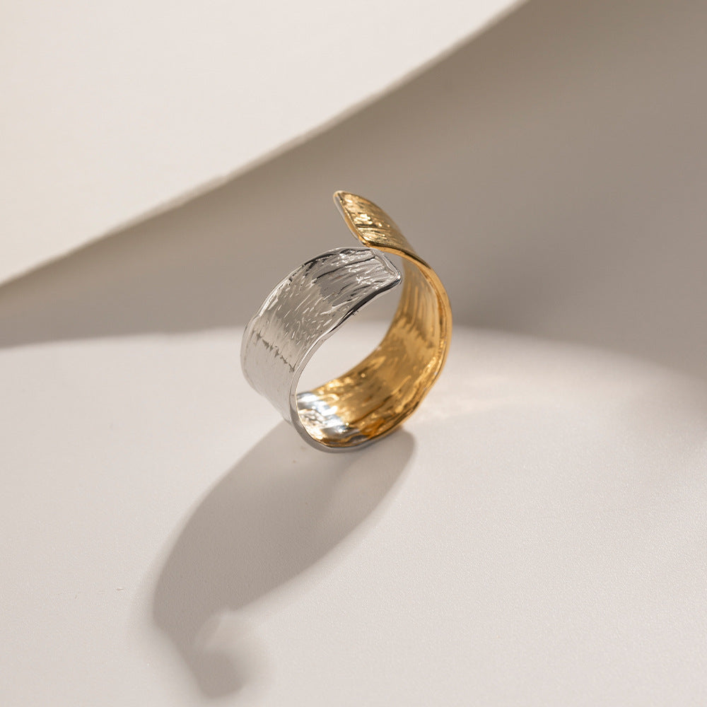 Two Tone Hammered Wide Open Ring - Gold - 4