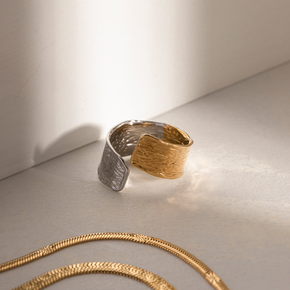 Two Tone Hammered Wide Open Ring - Gold - 5