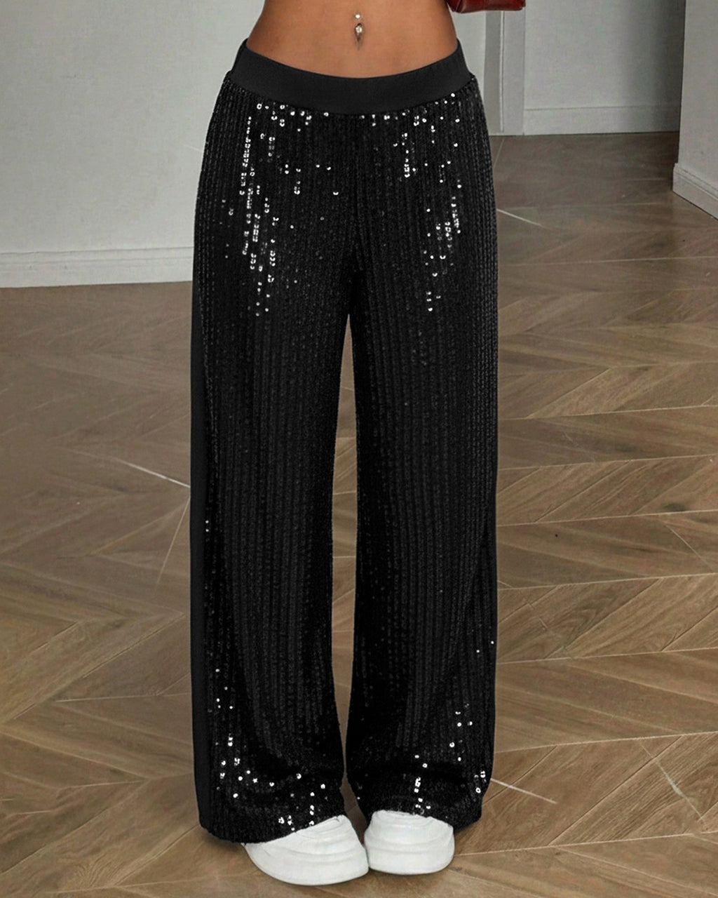 Sparkly Sequin Wide Leg Party Trousers - Black