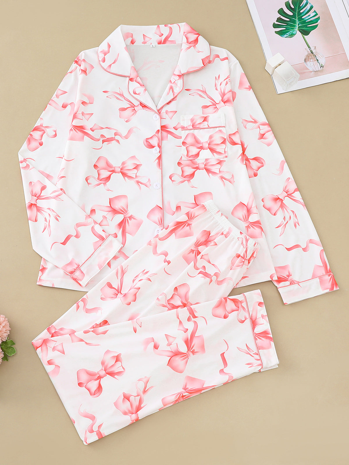 Coquette Bow Print Long Sleeve Pajama Set - White